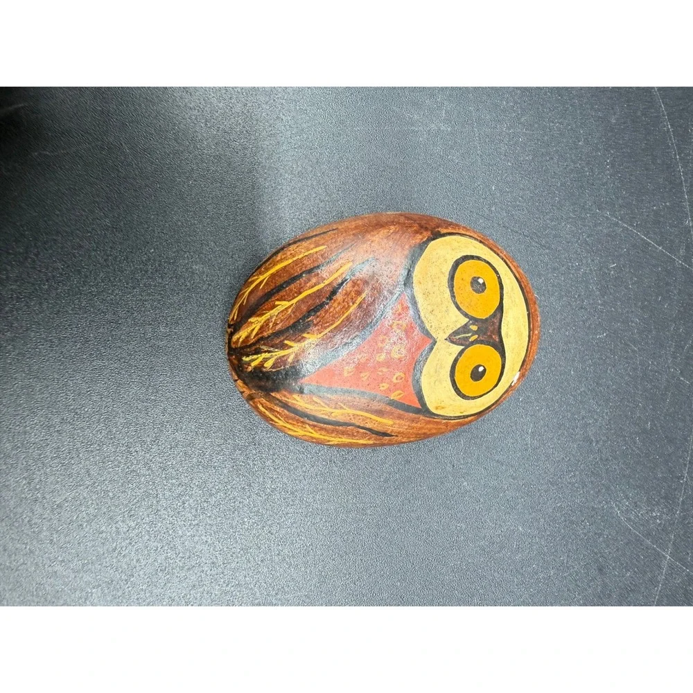 Vintage 1971 Hand Painted Rock Owl‎ Folk Art Signed Stone Earth Rustic Woodland